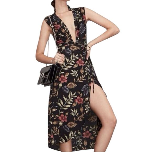 Reformation Jentri Midi High Low Wrap Dress Deep V Sleeveless sz L Dark Floral - Picture 1 of 10